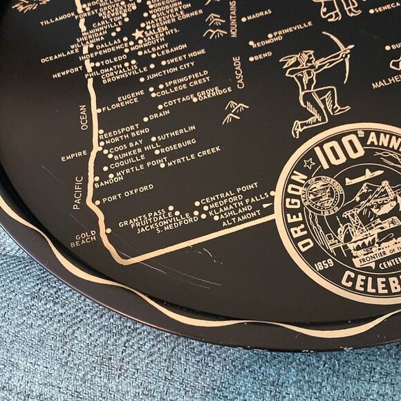 Oregon State Map Vintage Metal Serving Trays | Black and Gold w/ Rhododendron - Picture 6 of 9